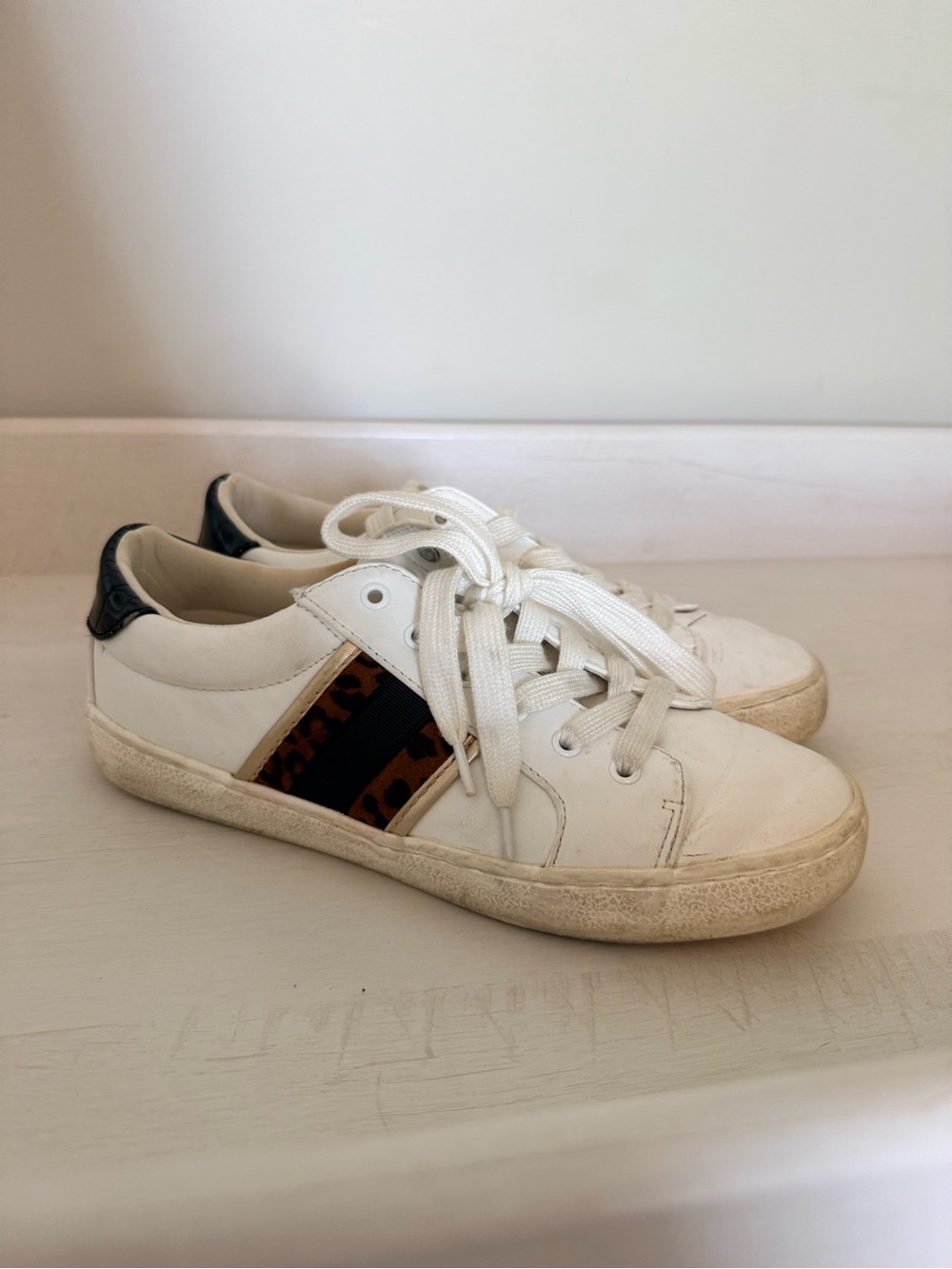 Time and Tru White Sneakers with Leopard Stripe and Black Heel
